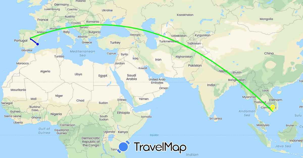 TravelMap itinerary: driving, train, plain, walking, taxi, cabify / uber in Spain, Vietnam (Asia, Europe)